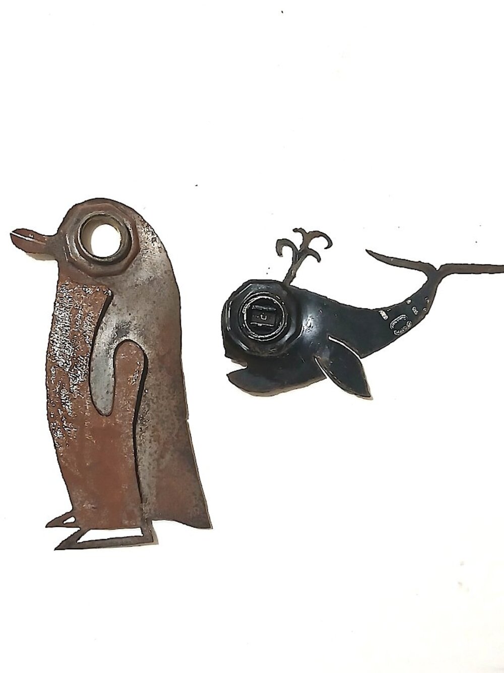 Vintage 2005 Recycled Oil Drum Metal Art Penguin Whale Pair Austin Texas
